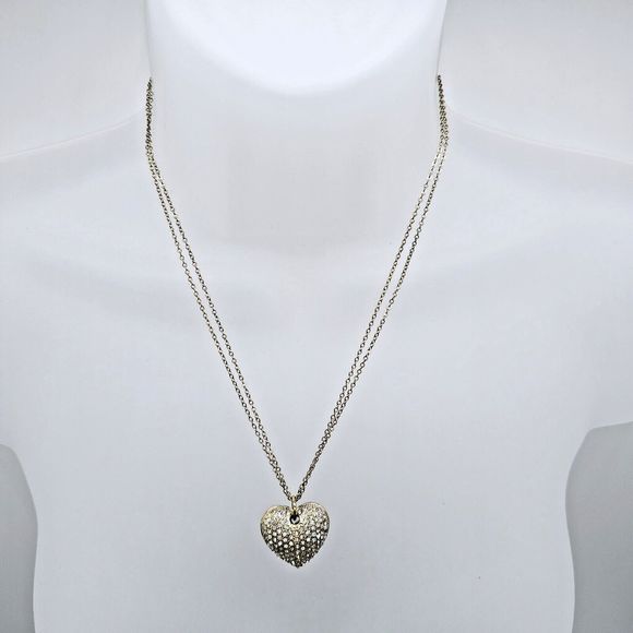 Puffy Pave Heart Necklace Gold Tone Rhinestone Double Chain Feminine Romantic - Picture 10 of 13